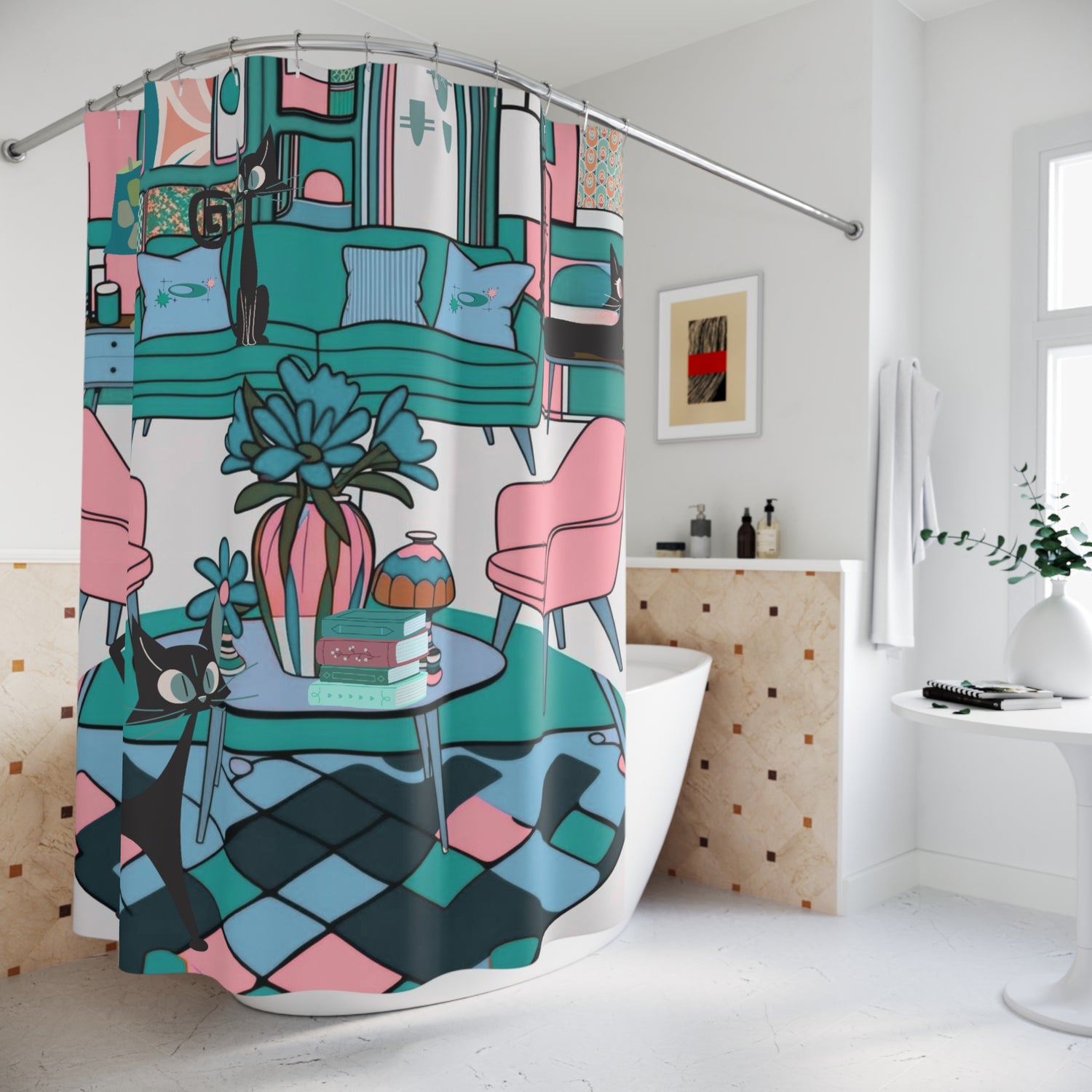Atomic Cat Mid Century Modern Quirky Whimiscal Cat-Themed Shower Curtain for Trendy Home Décor - Mid Century Modern Gal