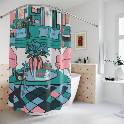 Atomic Cat Mid Century Modern Quirky Whimiscal Cat-Themed Shower Curtain for Trendy Home Décor - Mid Century Modern Gal