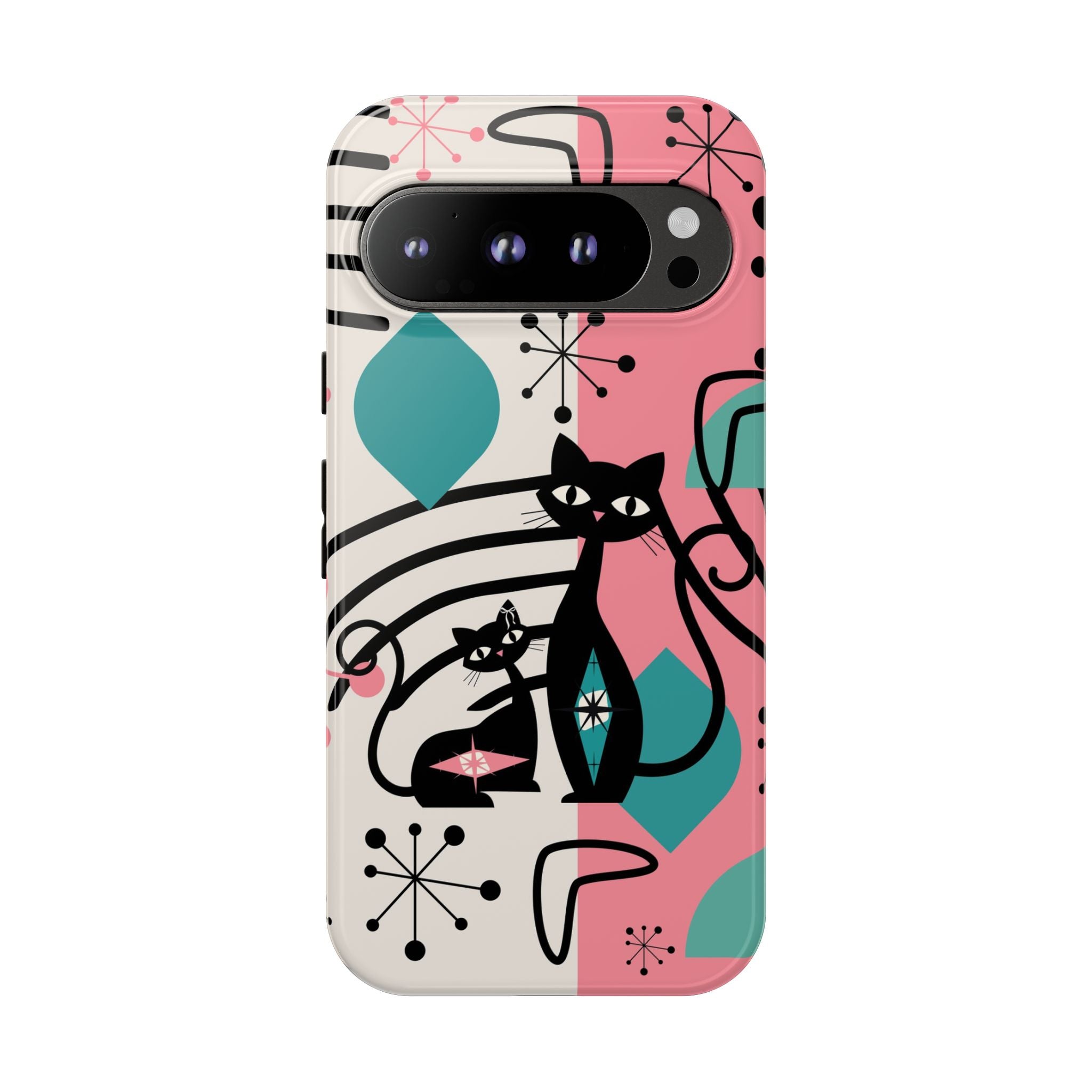 Mid Mod Atomic Cat Boomerang Starburst, Pink, Black Kitschy Stylish Cat Phone Case: Modern Design for Cat Lovers