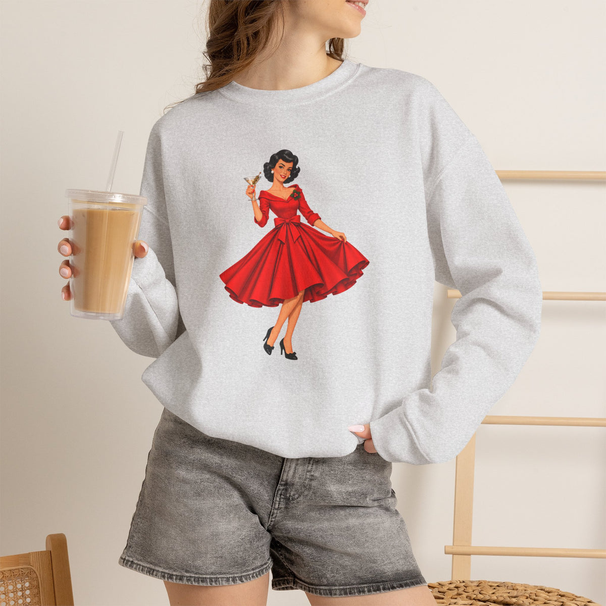 Mid Century Modern Christmas Martini Gal Unisex Heavy Blend™ Crewneck Sweatshirt - Mid Century Modern Gal