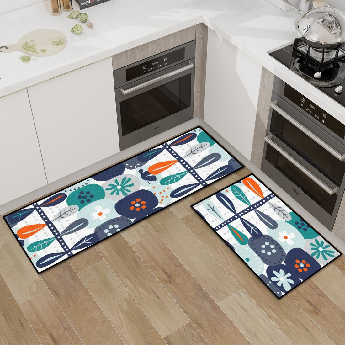 Mid Mod Scandinavian Floral Blue White Orange Retro Kitchen Area Rug Set for Floor Non-Slip Washable - Mid Century Modern Gal