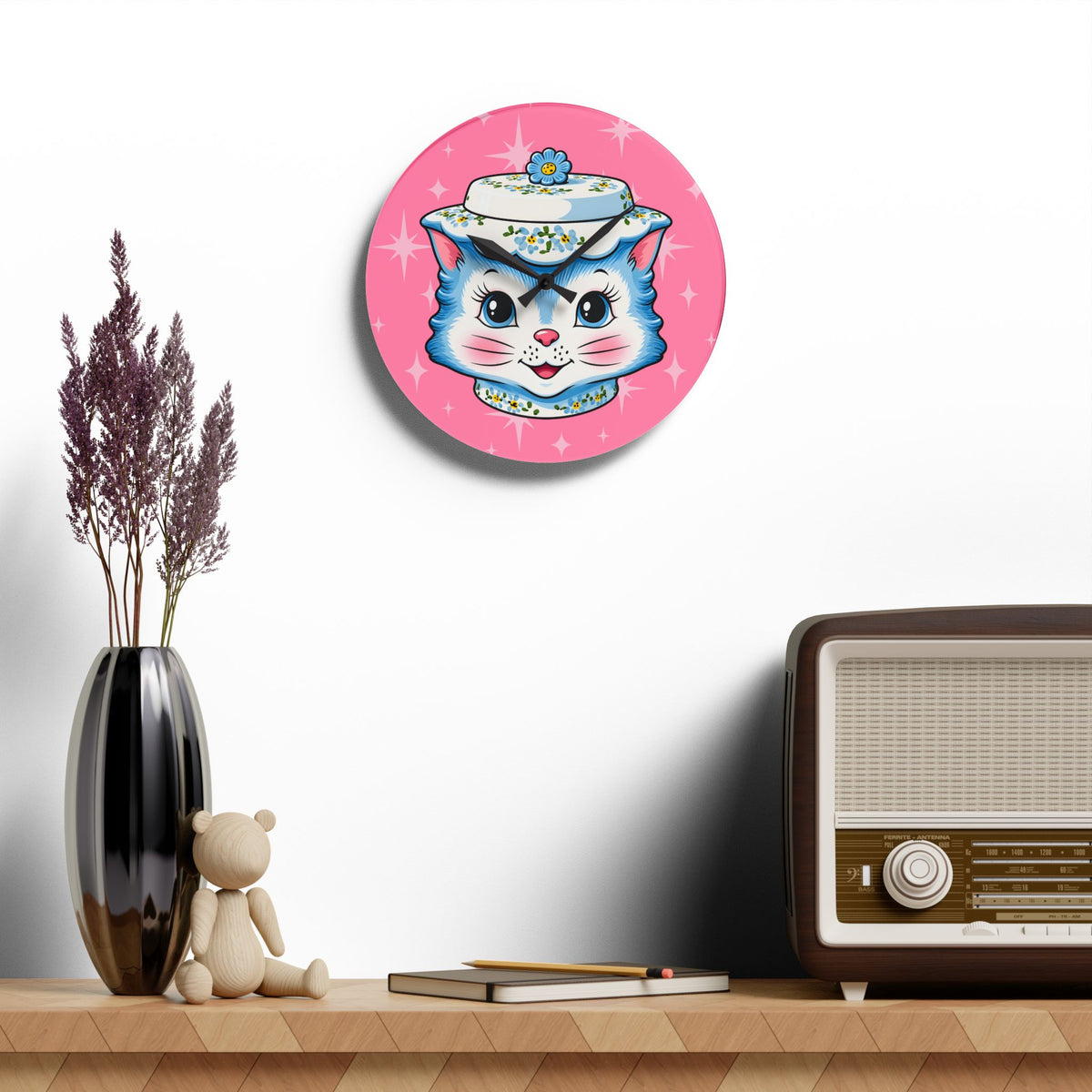 Mid Century Modern Kitschy Anthropomorphic Blue Cat with Floral Hat Acrylic Wall Clock