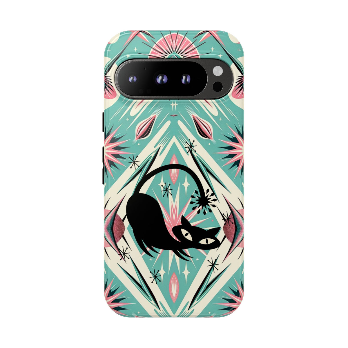 Atomic Cat, Mid Century Modern Aqua Blue, Pink, Starbursts Tough Phone Case
