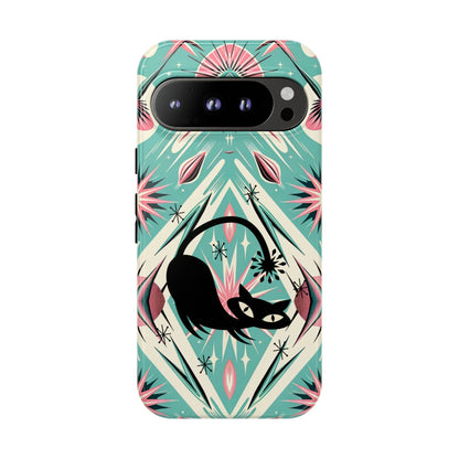 Atomic Cat, Mid Century Modern Aqua Blue, Pink, Starbursts Tough Phone Case