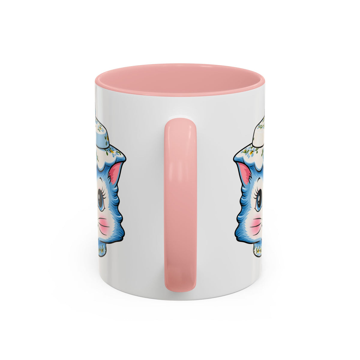 Mid Century Modern Kitschy Anthropomorphic Blue Cat with Floral Hat Accent Coffee Mug - Mid Century Modern Gal