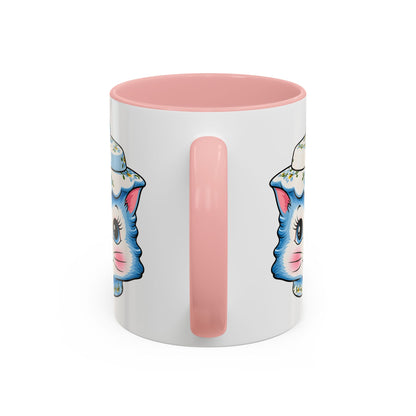 Mid Century Modern Kitschy Anthropomorphic Blue Cat with Floral Hat Accent Coffee Mug - Mid Century Modern Gal