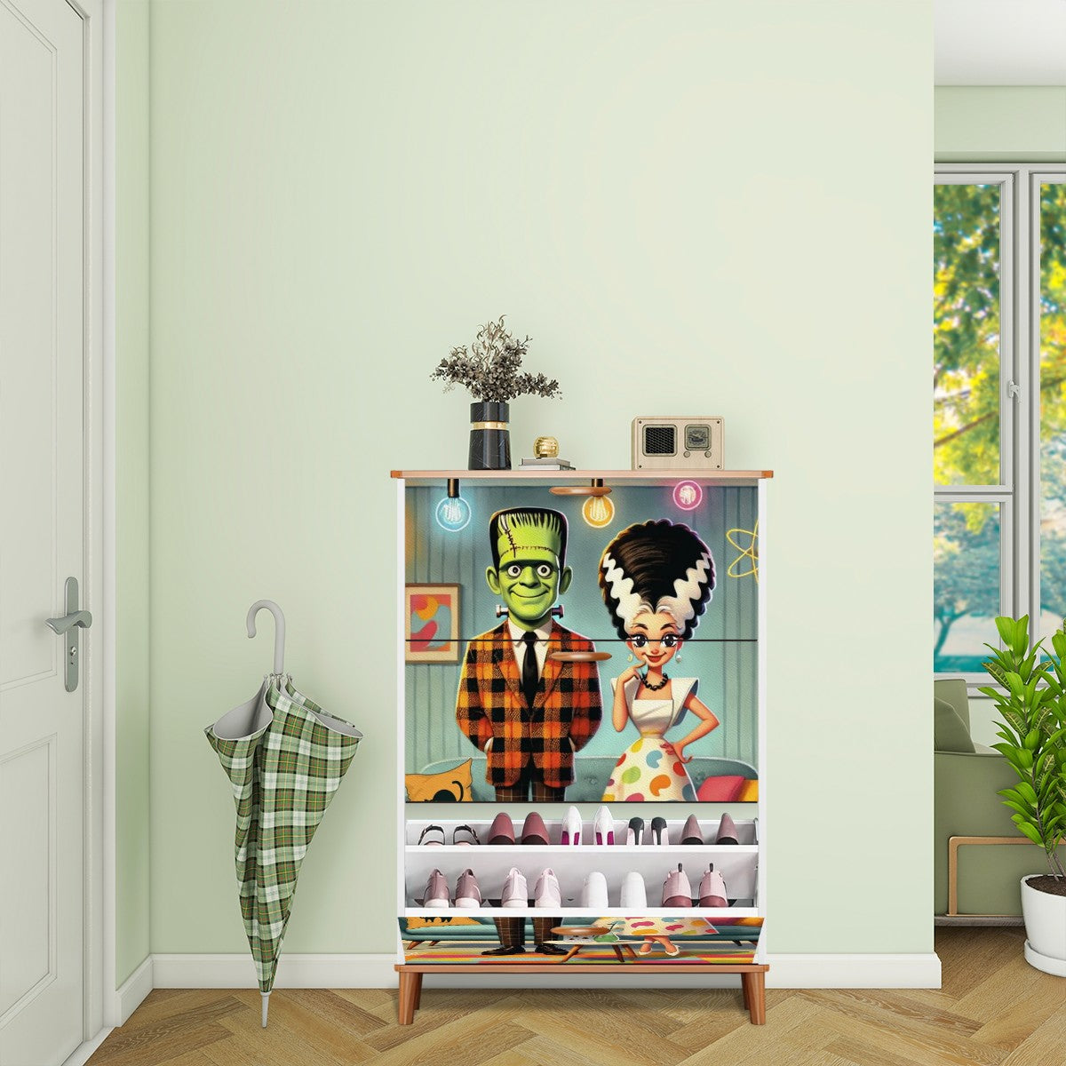 Frankenstien And Bride Of, Mid Centur Modern Kitschy Retro Shoe Cabinet - Mid Century Modern Gal