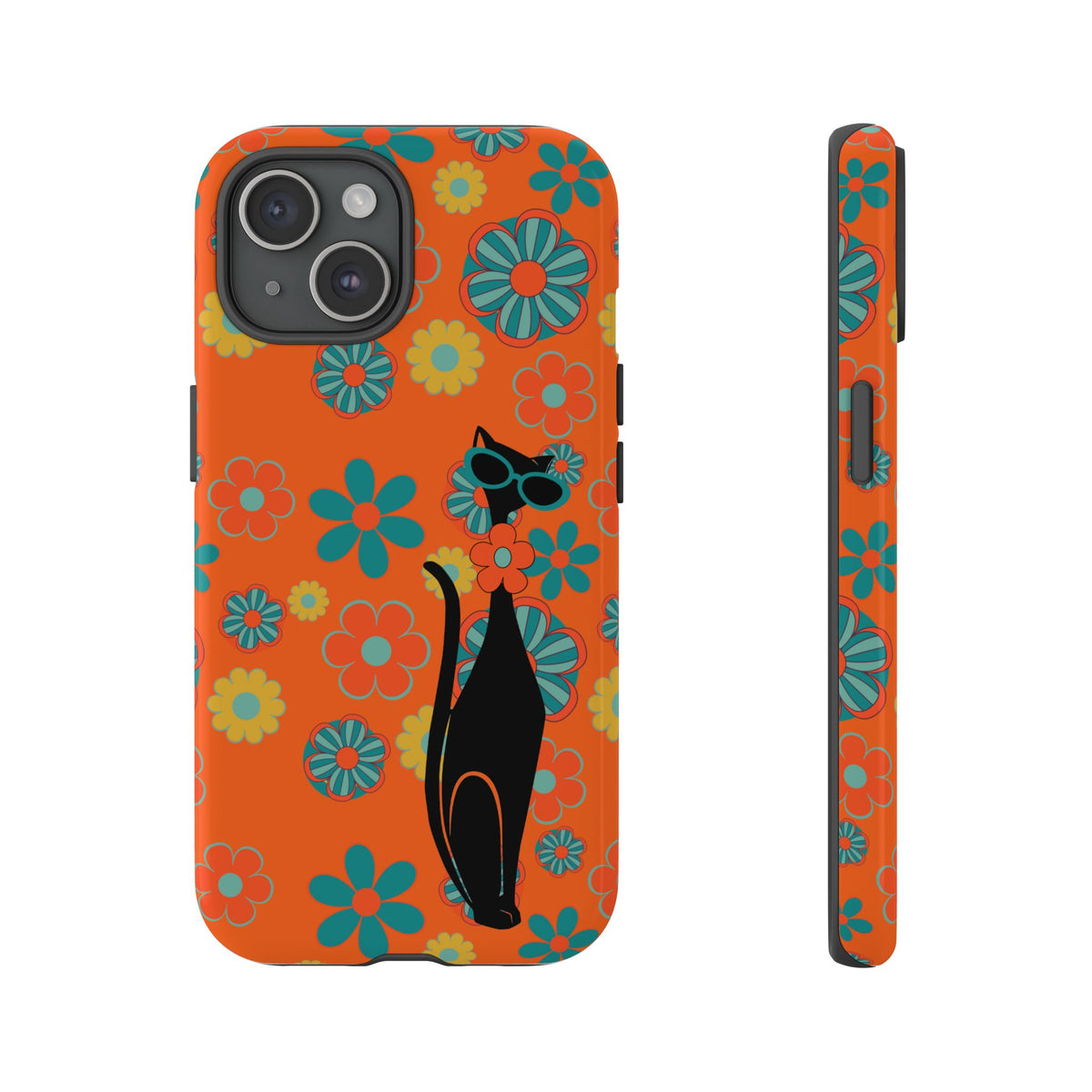 Flower Power, Retro Groovy Atomic Cat, Hipster Style Orange Samsung Galaxy and Google Pixel Tough Cases