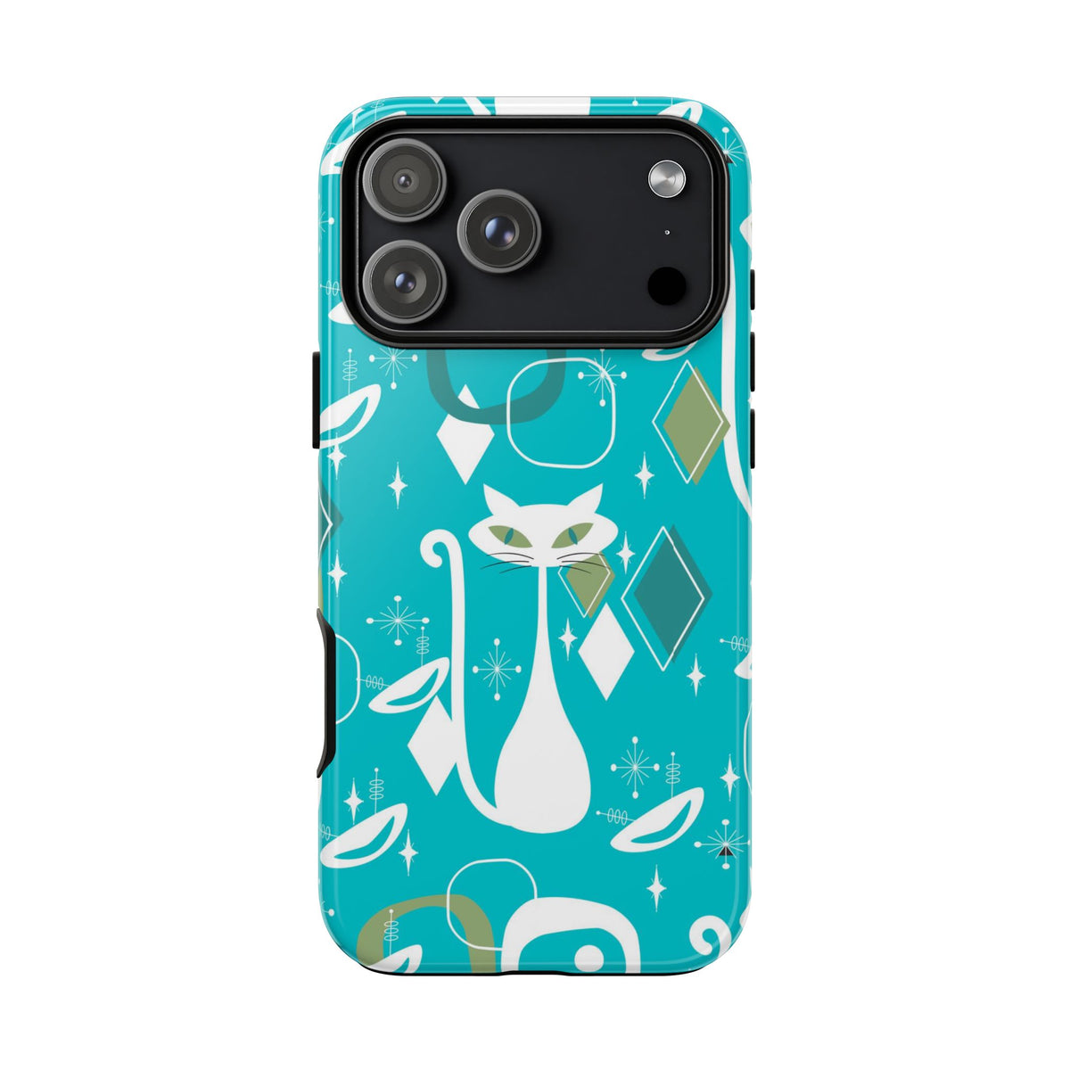 Atomic Cat Space Designs, Mid Century Modern, Aqua, White Kitschy Cat Tough Phone Case