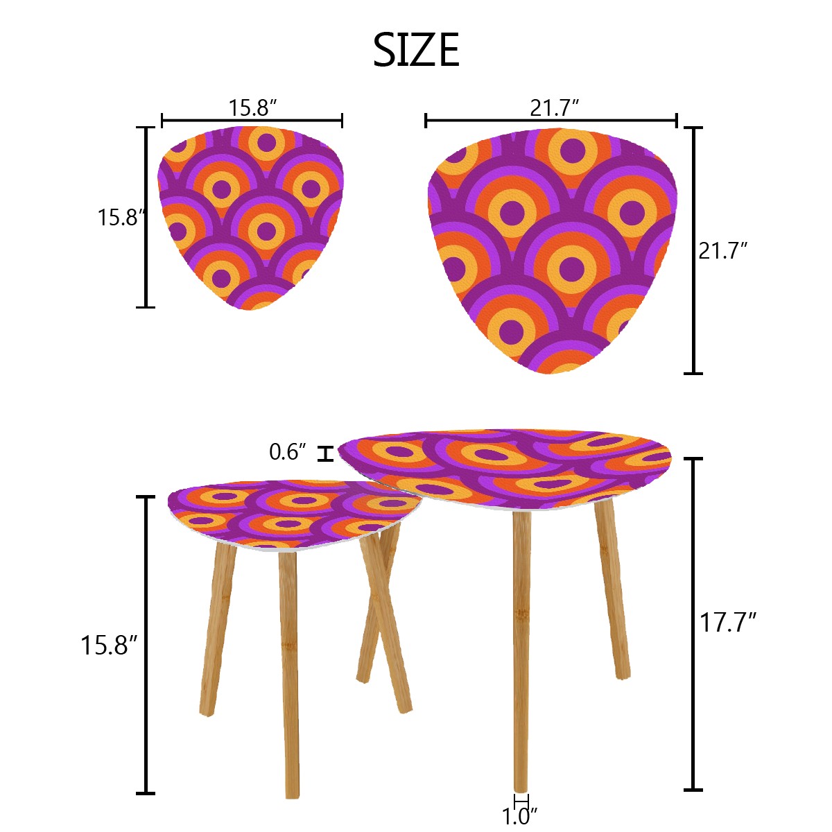 Mid Century Modern Retro Groovy Orange, Purple Nesting Table Triangle Coffee Table Set of 2 - Mid Century Modern Gal