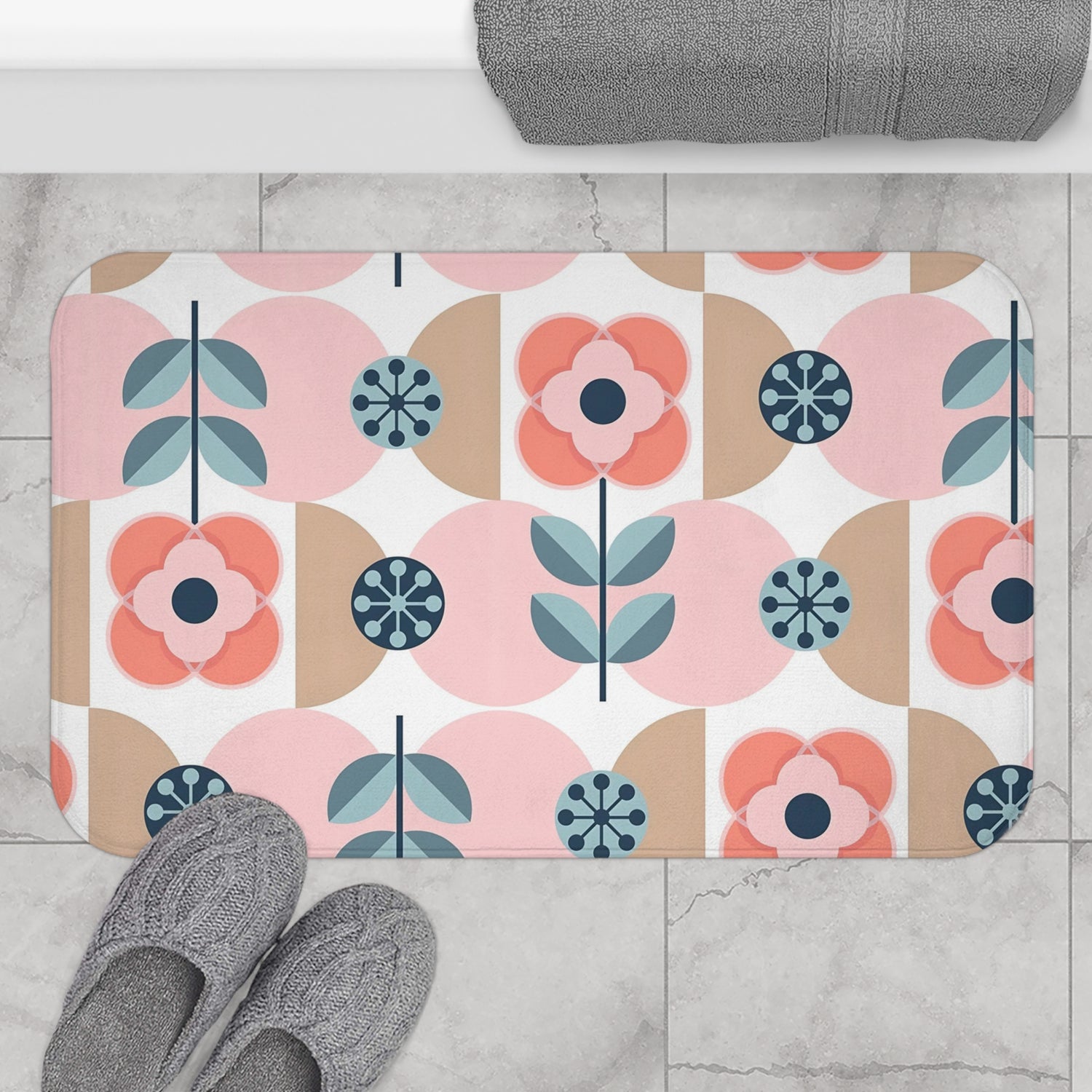 Scandinavian Designed Bath Mat, Blue, Pink Retro Bath Decor