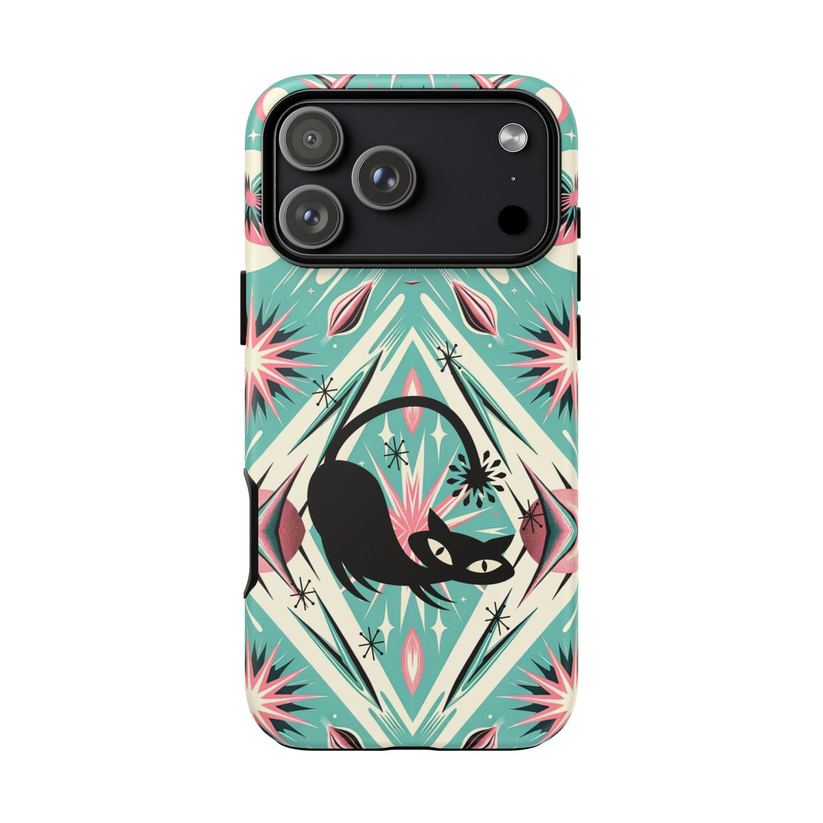 Atomic Cat, Mid Century Modern Aqua Blue, Pink, Starbursts Tough Phone Case