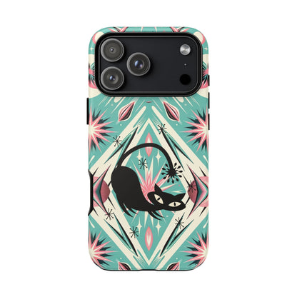 Atomic Cat, Mid Century Modern Aqua Blue, Pink, Starbursts Tough Phone Case