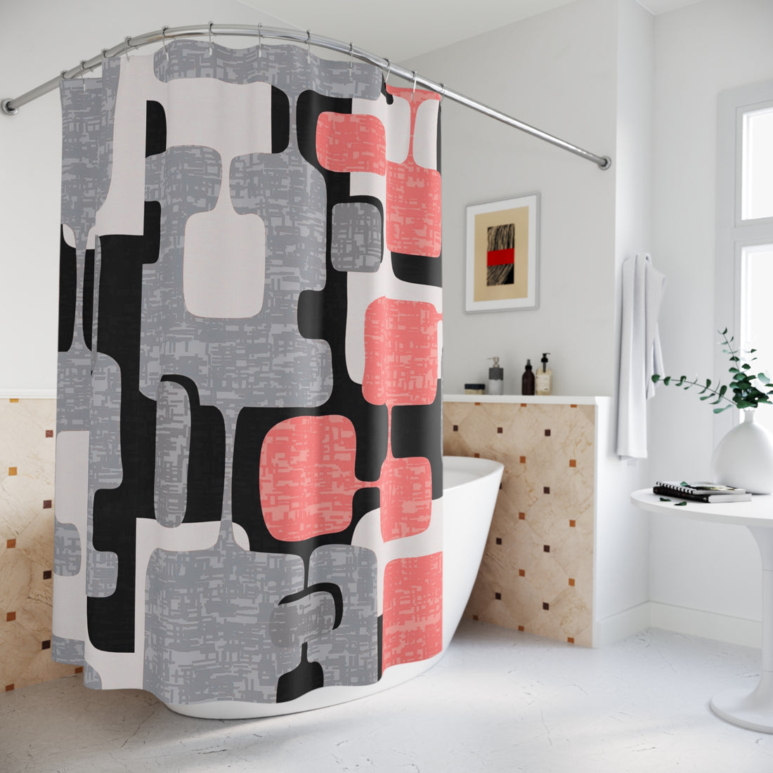 Mid Century Modern Shower Curtain Geometric, Coral Pink, Black, Gray, White, MCM Shower Curtain - Mid Century Modern Gal