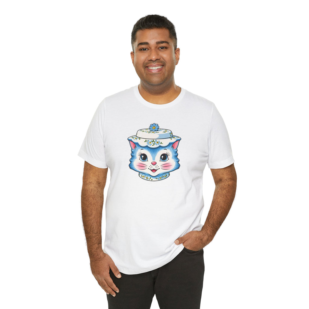 Mid Century Modern Kitschy Anthropomorphic Blue Cat with Floral Hat Unisex T-Shirt