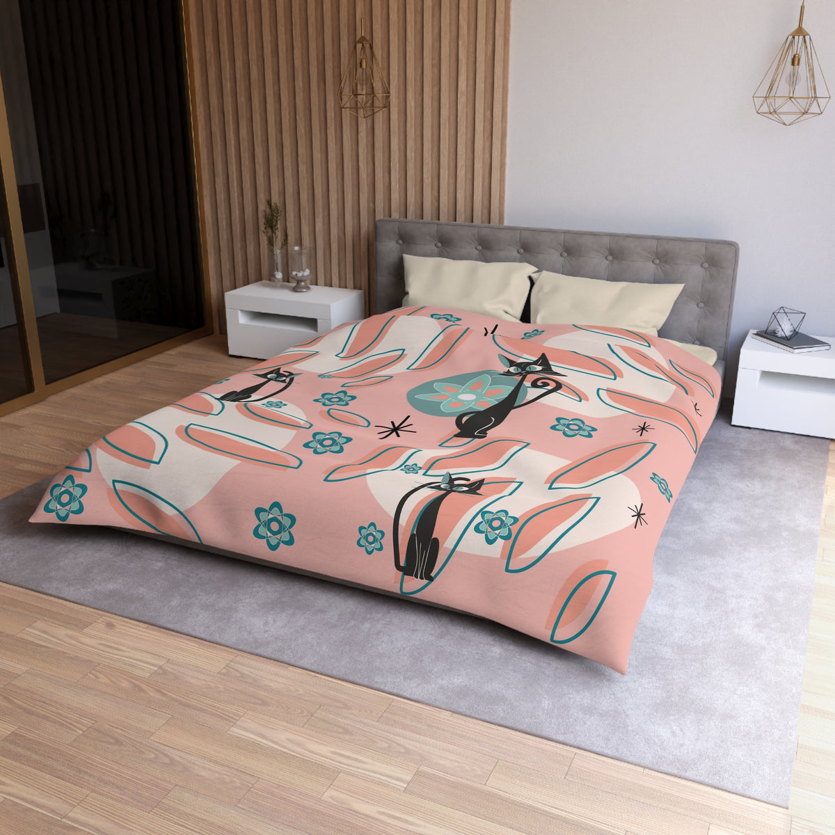 Atomic Cat Mid Century Modern Bedding, Coral Peach, Kitschy Abstract, Atomic Space, MCM Kitschy 50s Duvet Cover - Mid Century Modern Gal