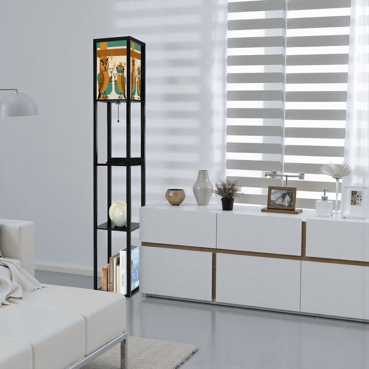 Kitschy Mid Century Modern Martini Owls, Retro Floor Lamp with Shelves - Mid Century Modern Gal
