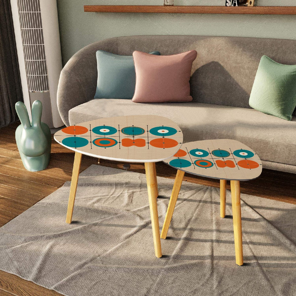 Mid Century Modern Minimalist Geometric Orange Teal Mid Mod Nesting Tables - Mid Century Modern Gal