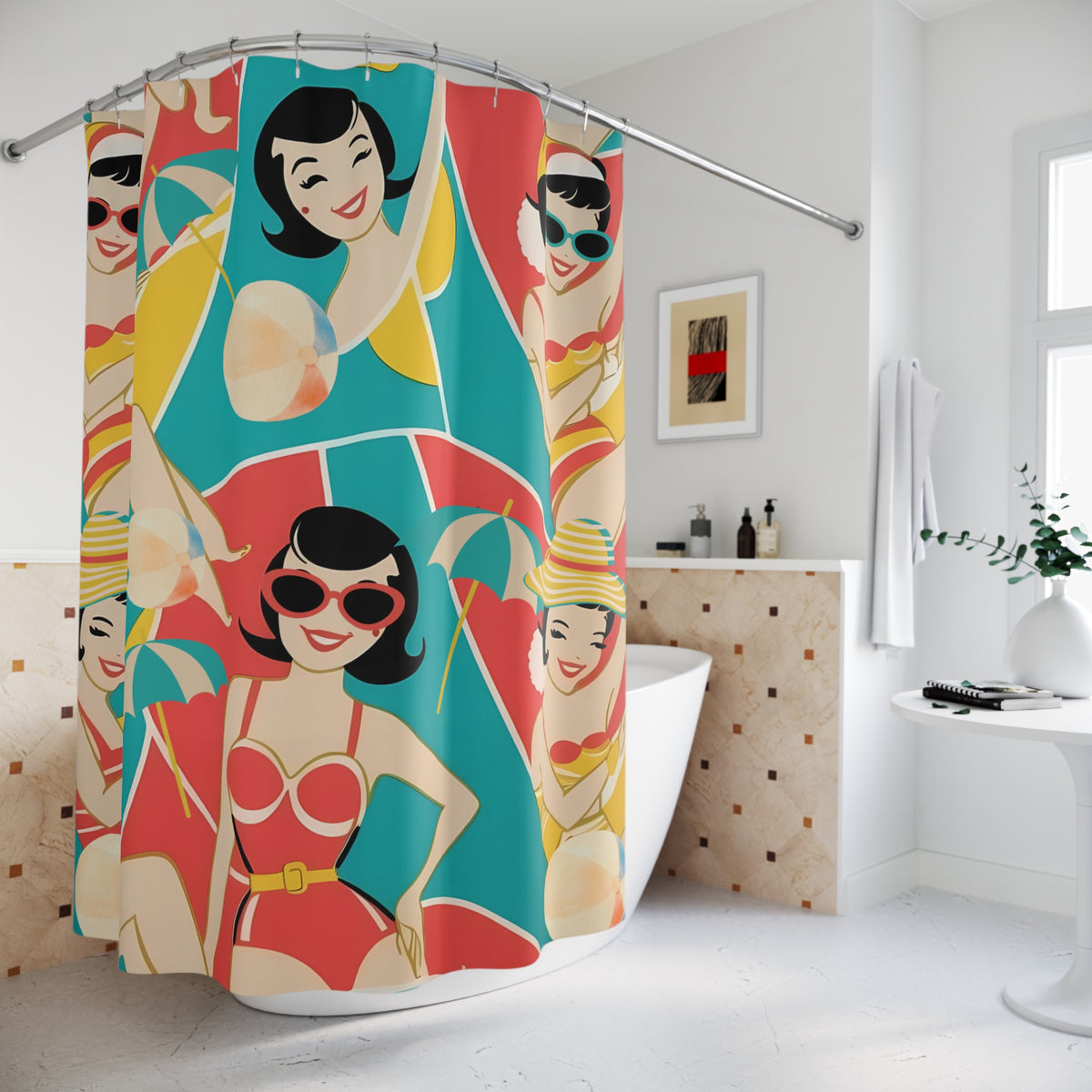 Mid Mod Beach Babes Vintage Summer Vibes Shower Curtain - Retro Beach Scene Decor - Mid Century Modern Gal