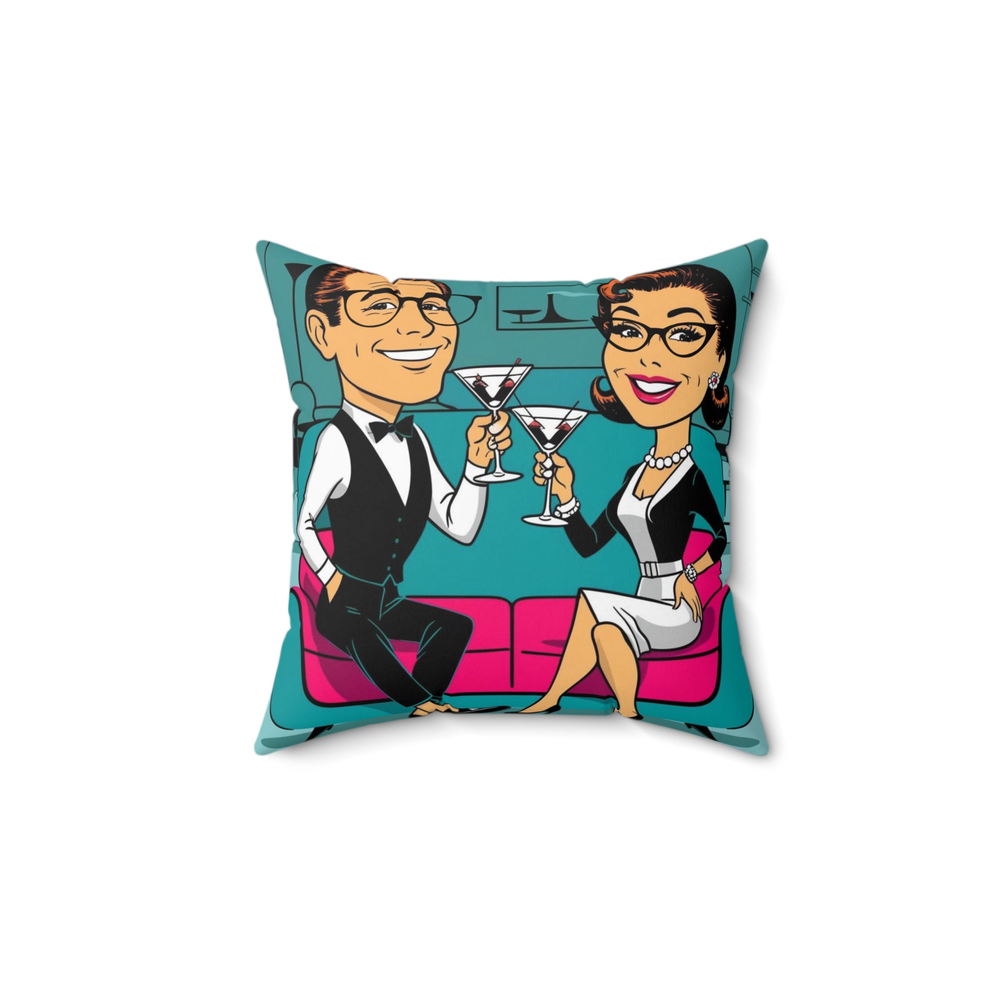 Mid Century Modern Kitschy Couple Cheers to Love Decorative Pillow - Vintage Style Couple with Cocktails - Mid Century Modern Gal