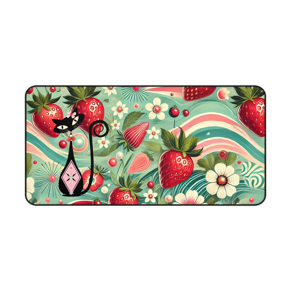 Atomic Cat Retro Strawberry Groovy Colorful Strawberry Cat Desk Mat - Fun Floral Office Decor