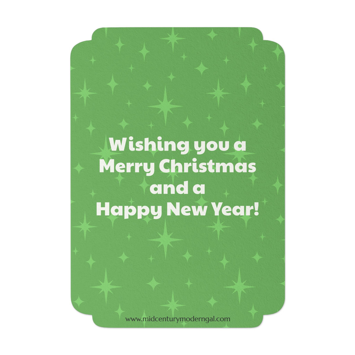 Mid Century Modern Gal Decorating Christmas Tree, Green Atomic Starbursts Flat Postcard Style Christmas Greeting Cards