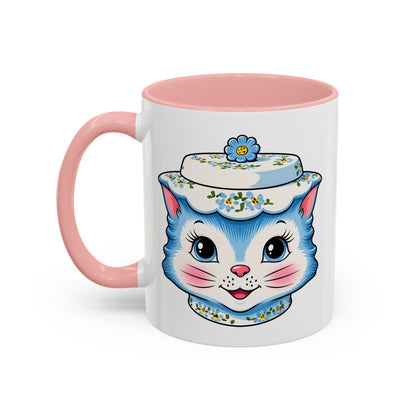 Mid Century Modern Kitschy Anthropomorphic Blue Cat with Floral Hat Accent Coffee Mug - Mid Century Modern Gal