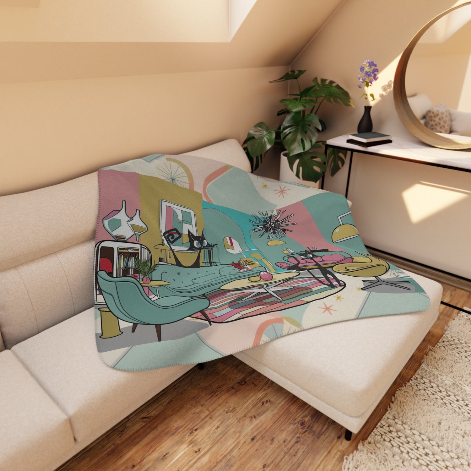 Atomic Cats, Lounging Cozy Cat Mid Century Modern Kitschy Mod Blanket - Mid Century Modern Gal