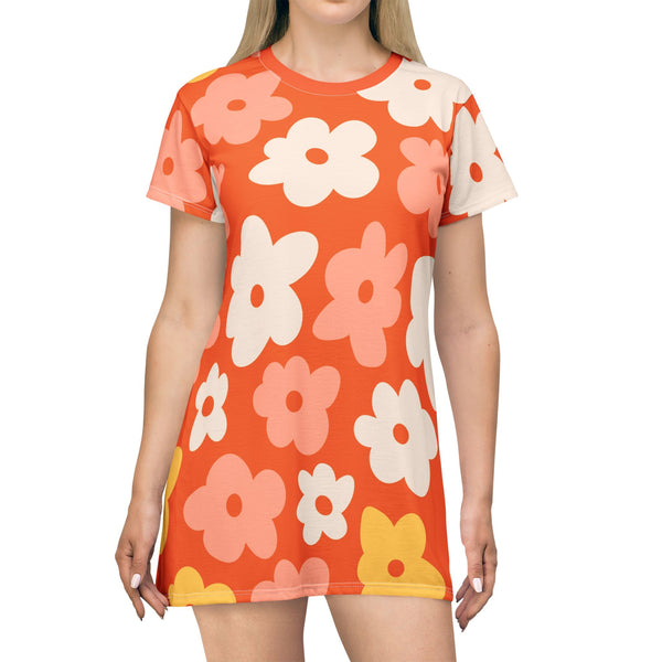 Retro Flower Power, 70s Floral Print T-Shirt Dress - Summer Vibes for Casual Outings