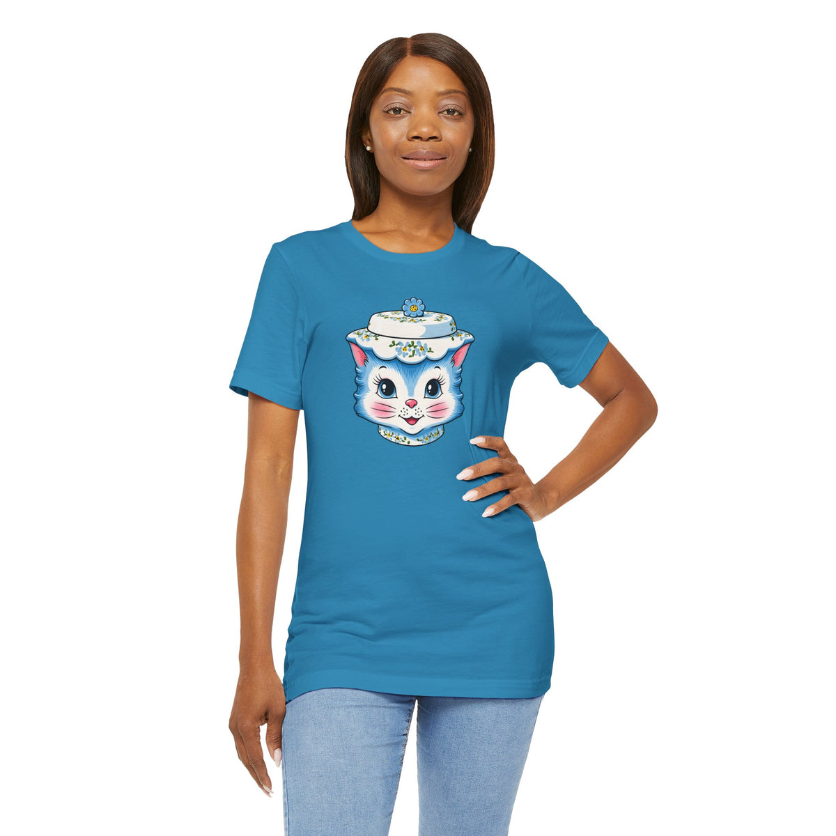 Mid Century Modern Kitschy Anthropomorphic Blue Cat with Floral Hat Unisex T-Shirt