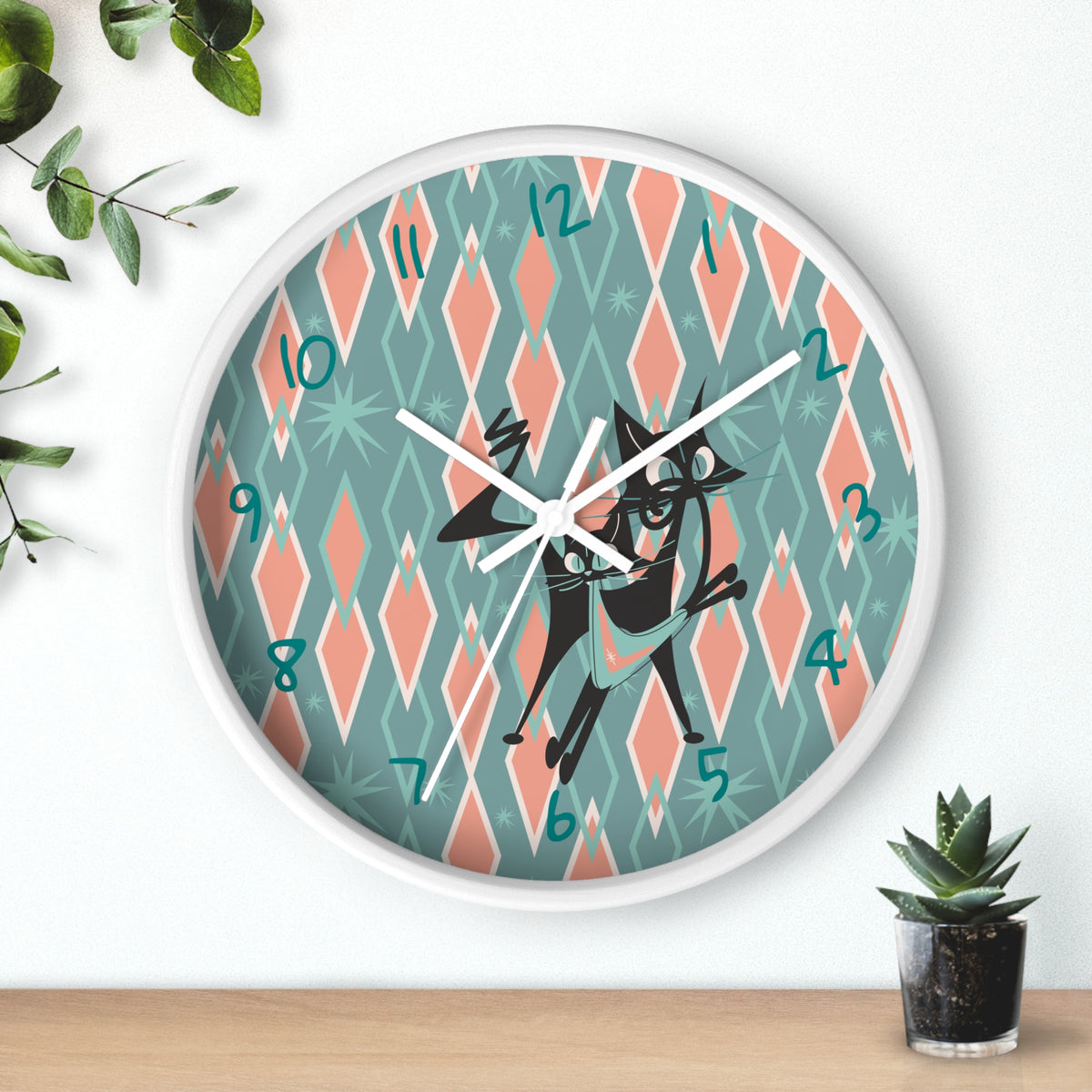 Retro Kitchen Wall Clock For Atomic Cat Black Cat Lovers, Mid Century Modern Designed, Teal, Pink Harlequin Diamond Designed MCM Clock - Mid Century Modern Gal