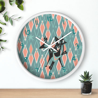 Retro Kitchen Wall Clock For Atomic Cat Black Cat Lovers, Mid Century Modern Designed, Teal, Pink Harlequin Diamond Designed MCM Clock