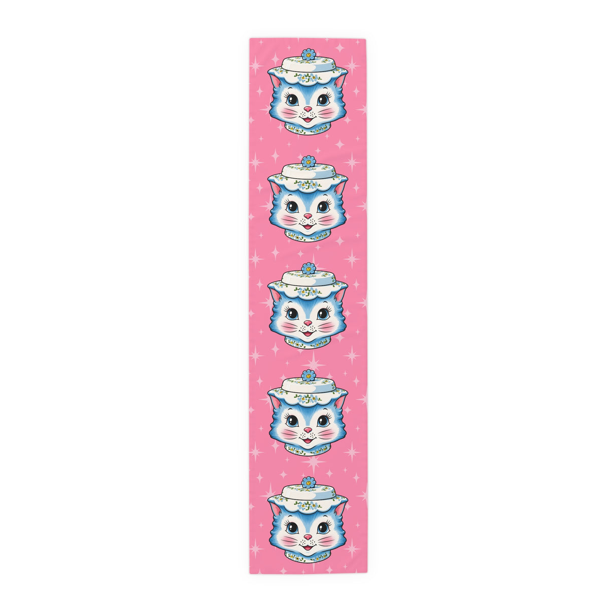 Mid Century Modern Kitschy Anthropomorphic Blue Cat with Floral Hat Table Runner - Mid Century Modern Gal
