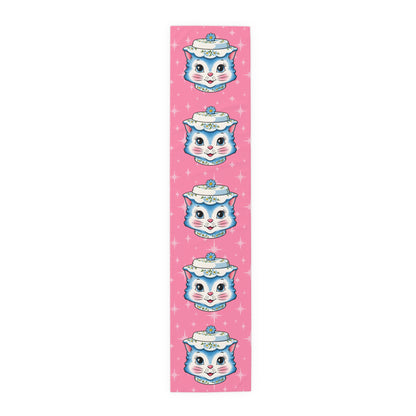 Mid Century Modern Kitschy Anthropomorphic Blue Cat with Floral Hat Table Runner - Mid Century Modern Gal