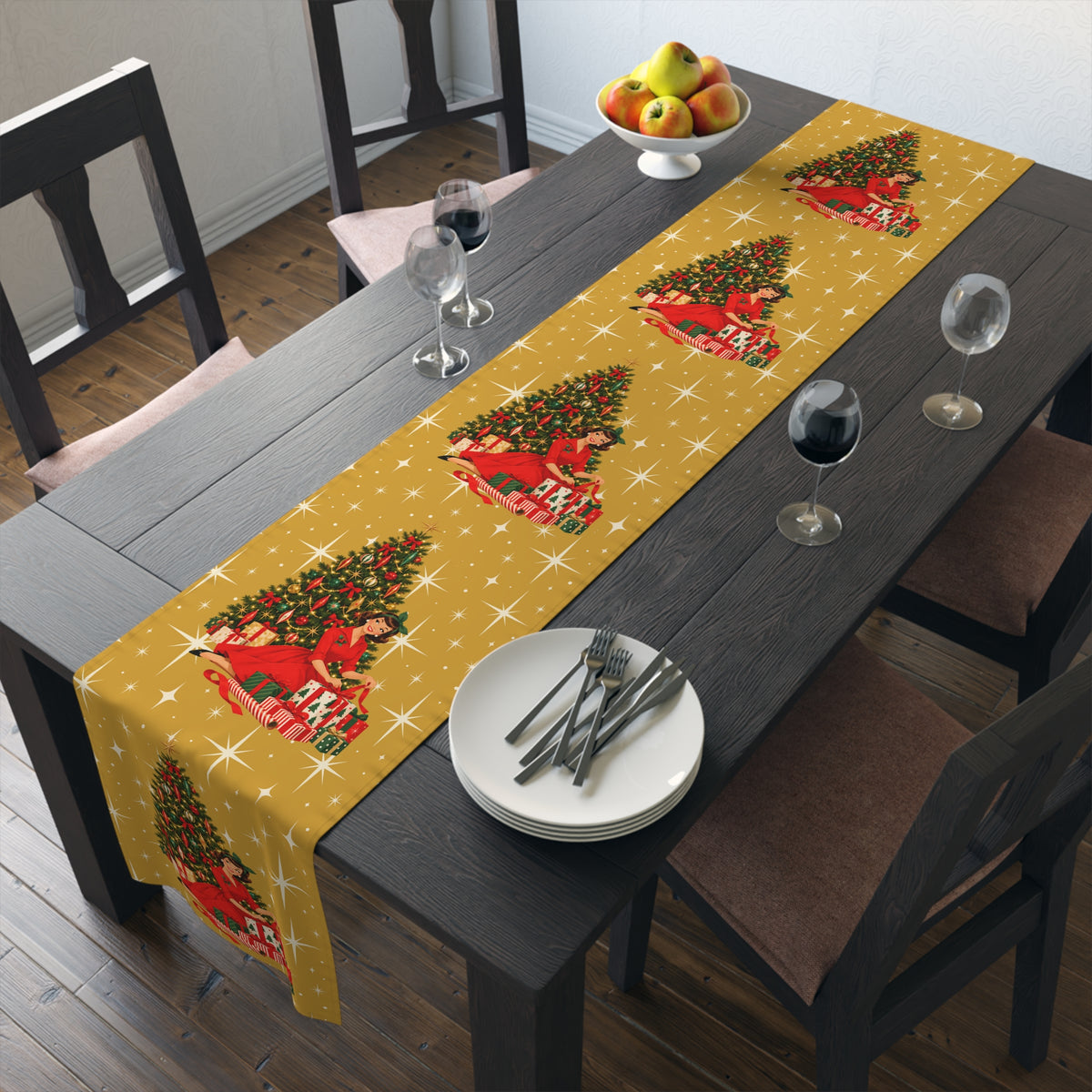 Mid Century Modern Christmas Glamour Gal Wrapping Presents by Tree, Gold Atomic Starbursts Table Runner