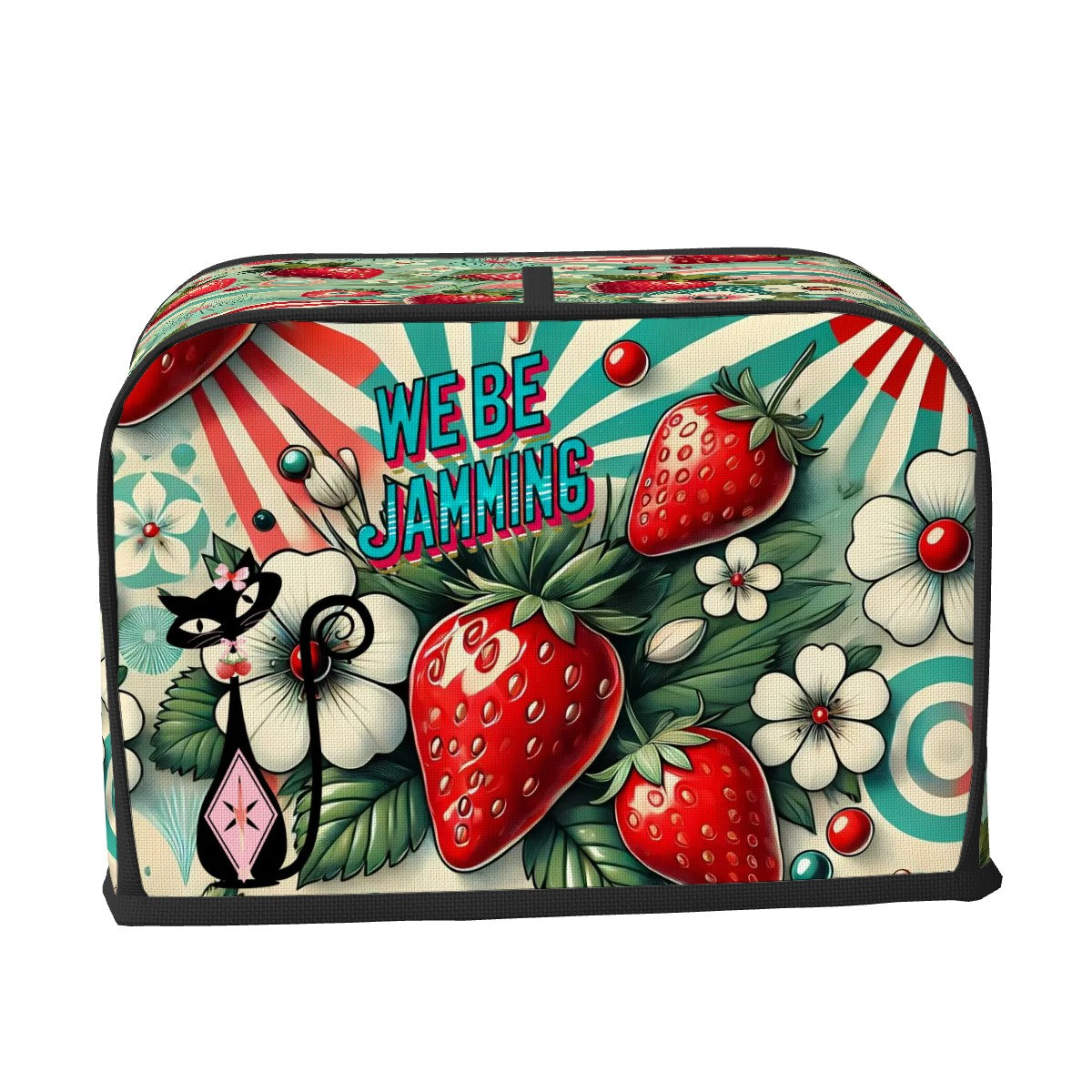 Vintage Strawberry Designed 2 Slice Toaster Cover, Kitschy Cute Atomic Cat, We Be Jamming - Mid Century Modern Gal