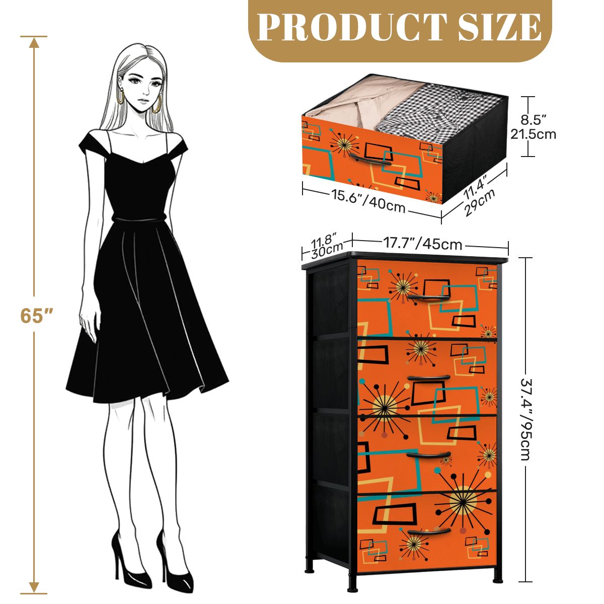 Mid Century Modern Sinatra Orange, Starburst, Geometric Funky Fun 4-Drawer Dresser - Mid Century Modern Gal