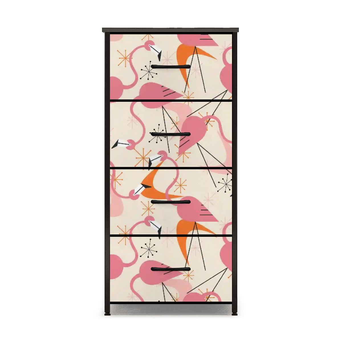 Retro Flamingo Dance Party, Kitschy Quirky Palm Spring California Tropical Flamingo 4-Drawer Dresser - Mid Century Modern Gal