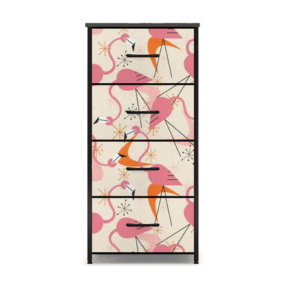 Retro Flamingo Dance Party, Kitschy Quirky Palm Spring California Tropical Flamingo 4-Drawer Dresser - Mid Century Modern Gal