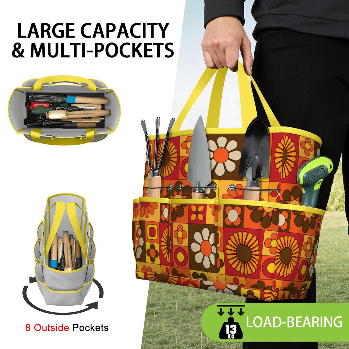 Retro 70s Mod Floral Orange Brown Yellow Mid Mod Hip Garden Tool Bag