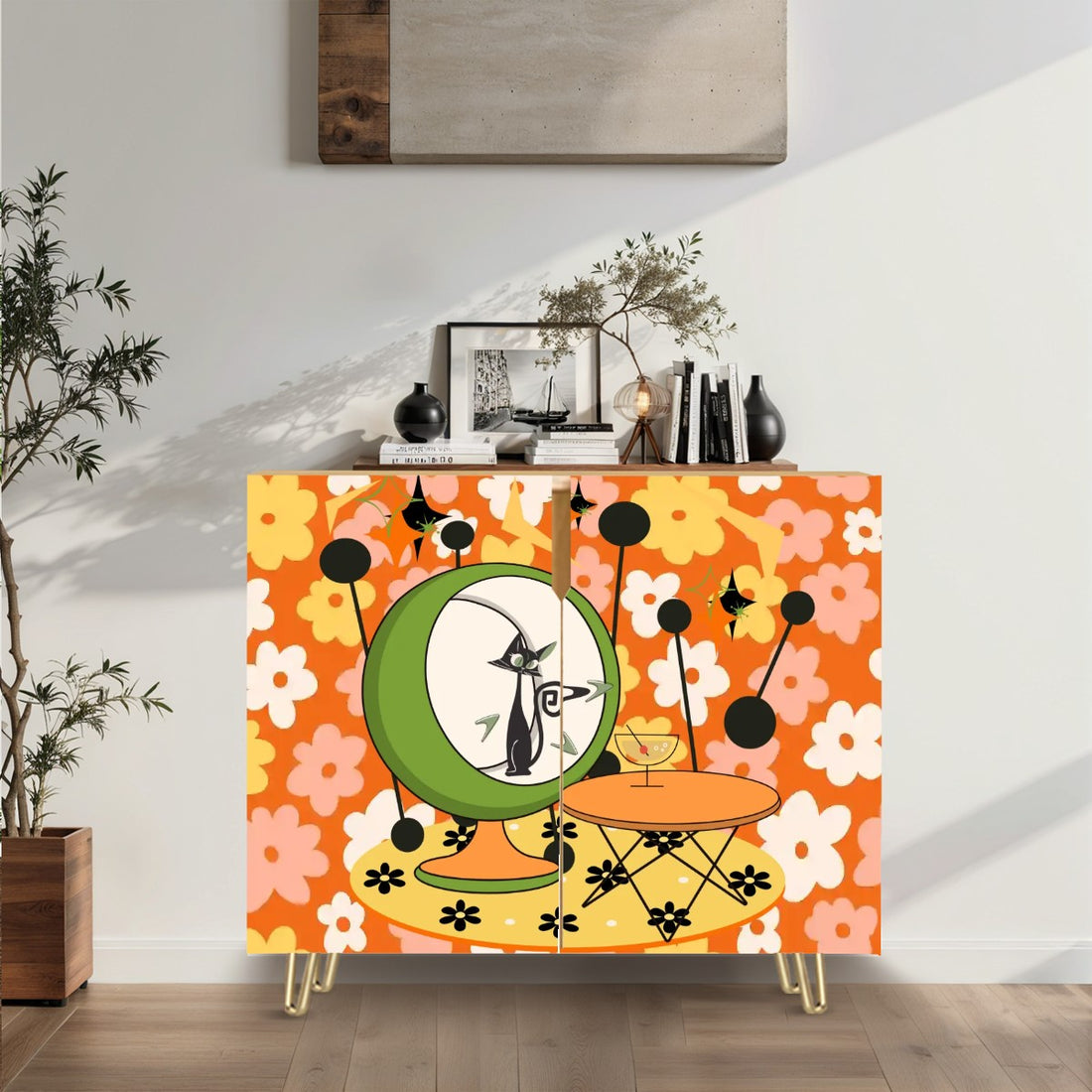 Atomic Groovy Cat, Orange White Mod Floral Kitschy Quirky Mid Century Modern Storage Organization Cabinet - Mid Century Modern Gal