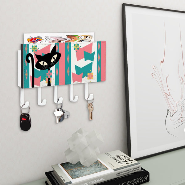 Atomic Cat Retro Key Holder, Mod Pink, Aqua Starburst Geometric Kitschy Key Holder Wall Mount