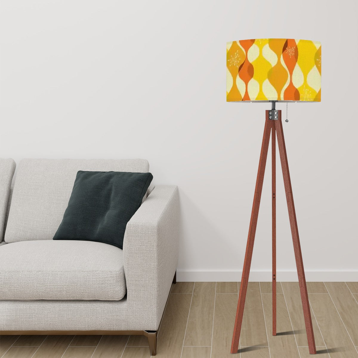 Mid Century Modern Orange, Yellow Starburst Retro Tripod Floor Lamp - Mid Century Modern Gal