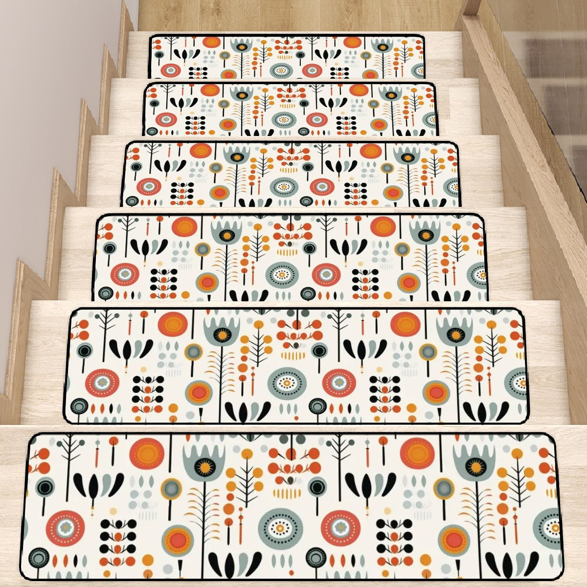 Scandinavian Flower Mid Mod Carpet Stair Treads Non Slip