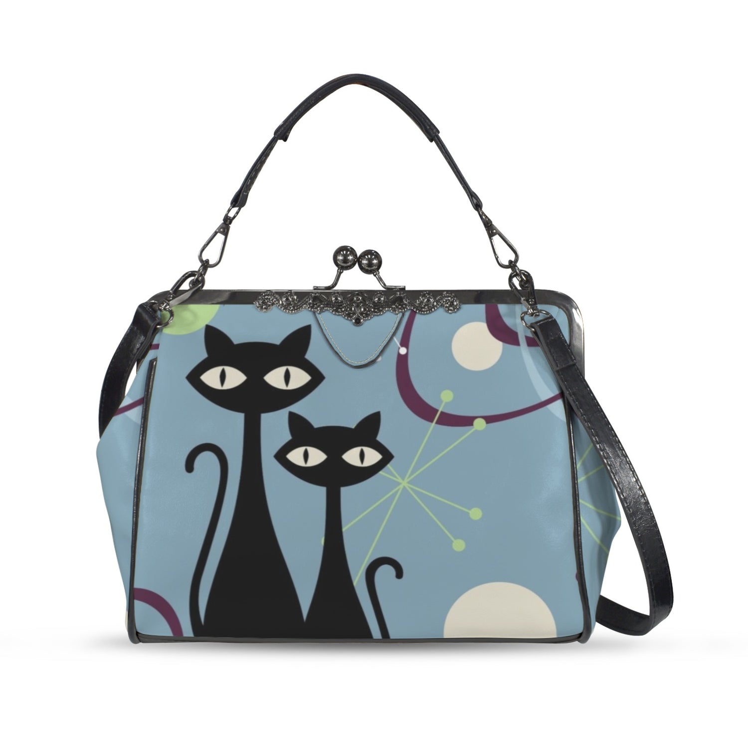 Atomic Cat Kitschy Fun Blue Boomerang Design Modern Kisslock Crossbody Purse - Mid Century Modern Gal