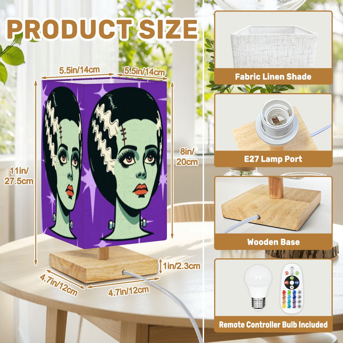 Bride of Frankenstein Retro Mid Mod Horror Buff Purple Halloween Square Table Lamp - Mid Century Modern Gal