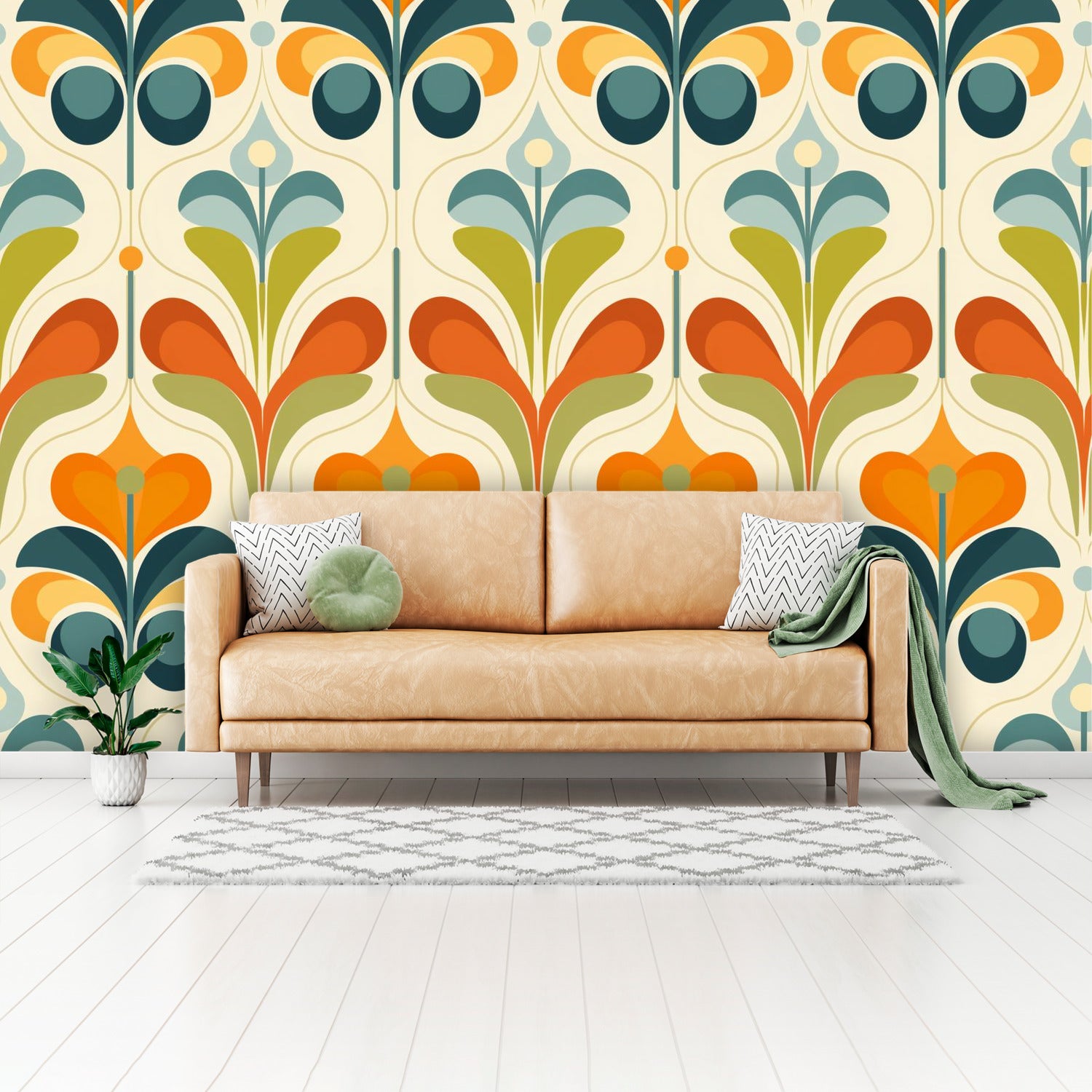 Scandinavian Floral Orange Blue, Green, Mid Mod Peel And Stick Wall Murals - Mid Century Modern Gal