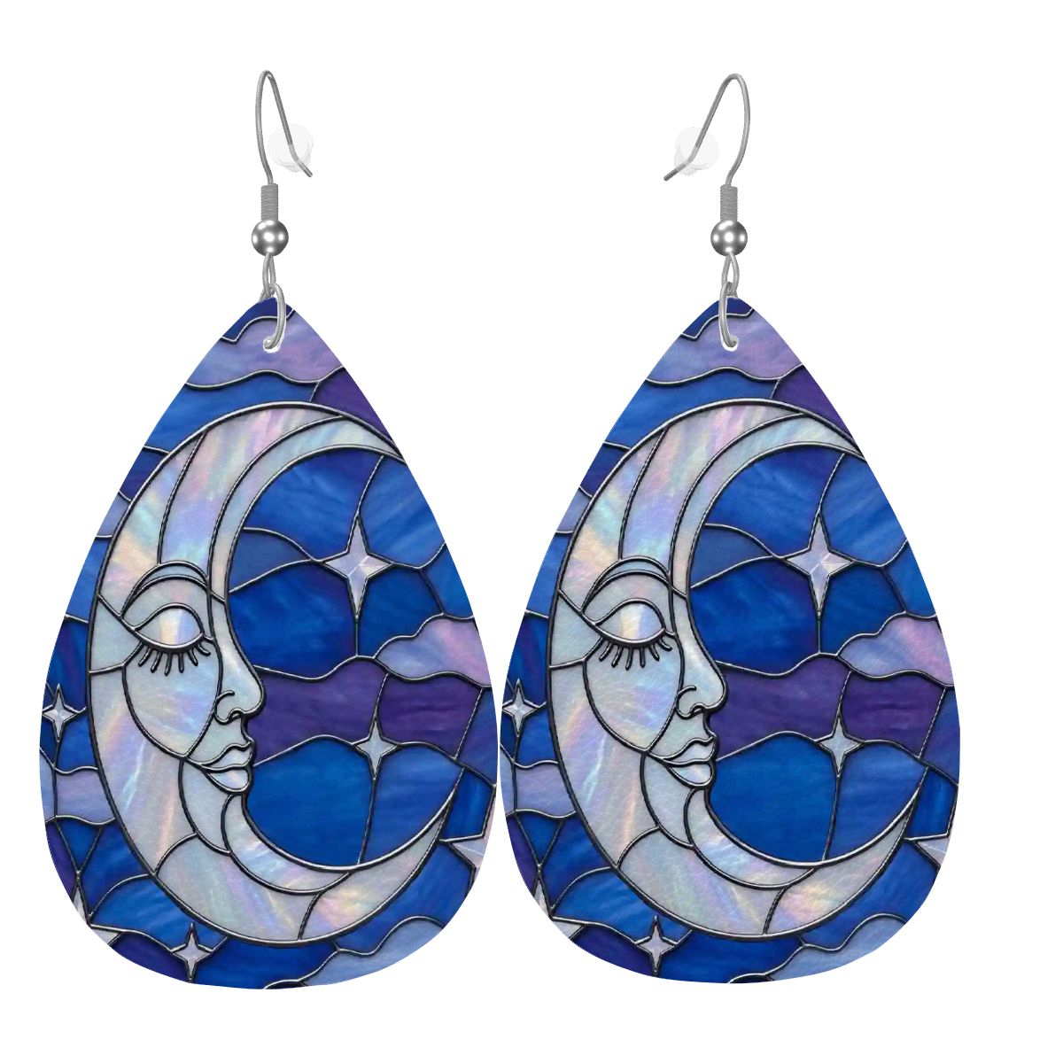 Halloween Stained Glass Style Night Sky Moon Stars Clouds Vegan Leather Teardrop Earrings - Mid Century Modern Gal