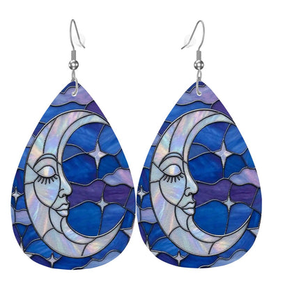 Halloween Stained Glass Style Night Sky Moon Stars Clouds Vegan Leather Teardrop Earrings - Mid Century Modern Gal