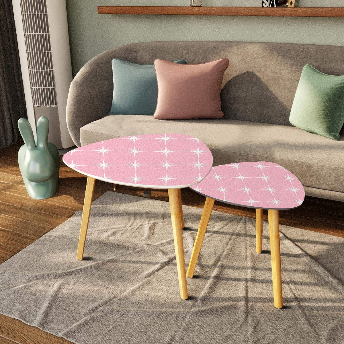 Atomic Pink White Starbursts Retro 50s Mid Century Modern Nesting Tables